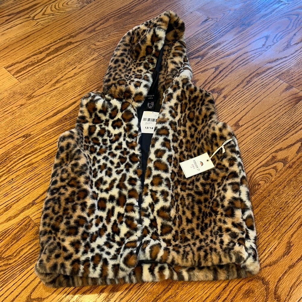 NWT Forever 21 Girl’s Hooded Fur Animal Print Vest Size 13/14